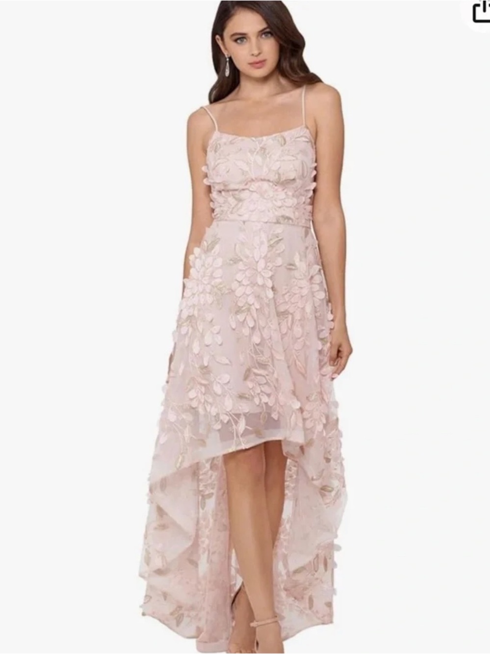 Xscape Blush Pink 3D Floral High-Low Spaghetti Strap Dress